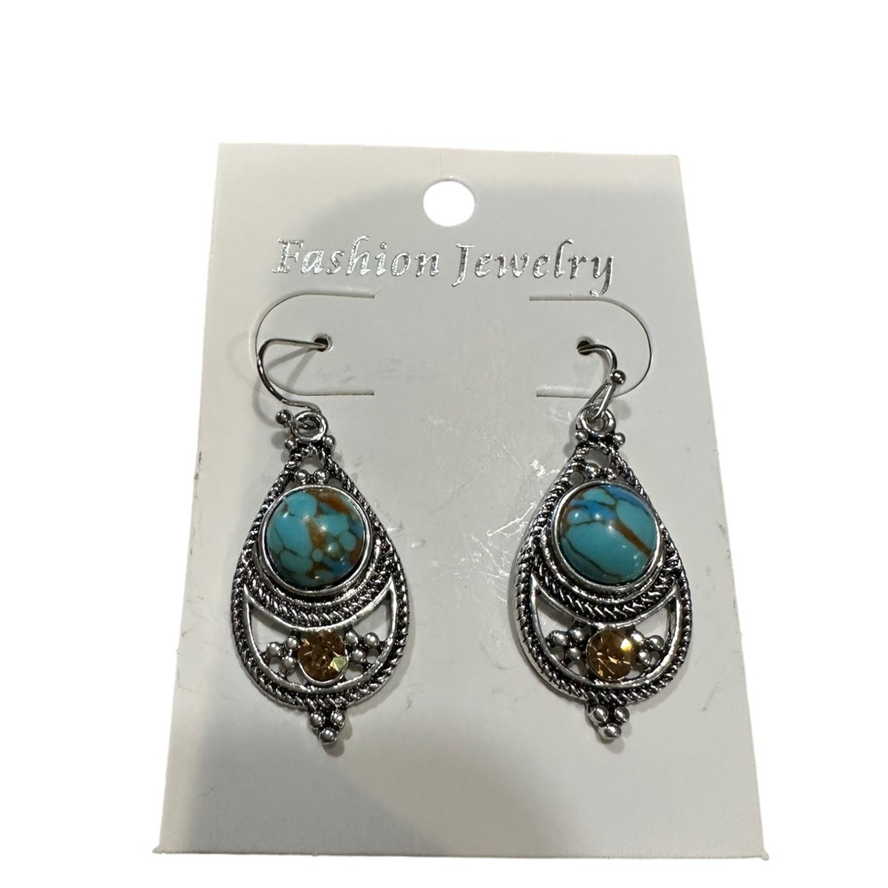 Boho Turquoise and Gemstone Silver Teardrop Earrings - Picture 3 of 5